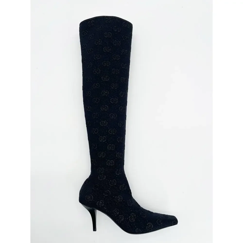 Gucci Demi Black GG Logo Metallic Stretch Knit Over-the-Knee Sock Boots IT 39.5